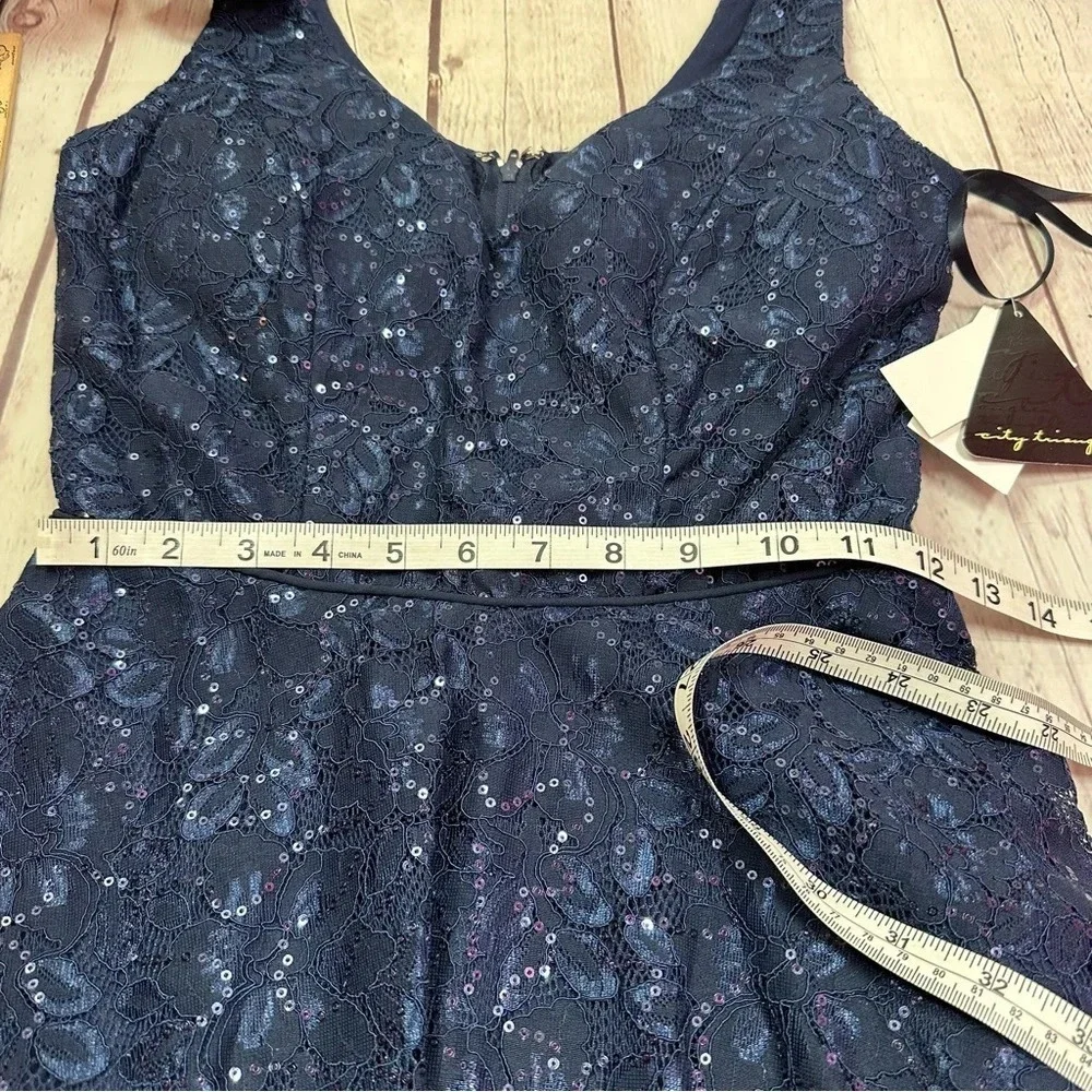 NWT formal dress navy city triangles sz 3 layered lace overlay